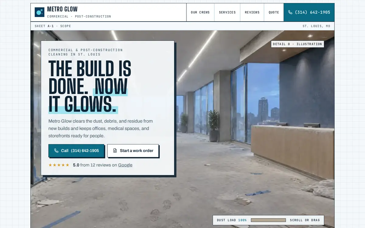 Metro Glow cleaning website on desktop